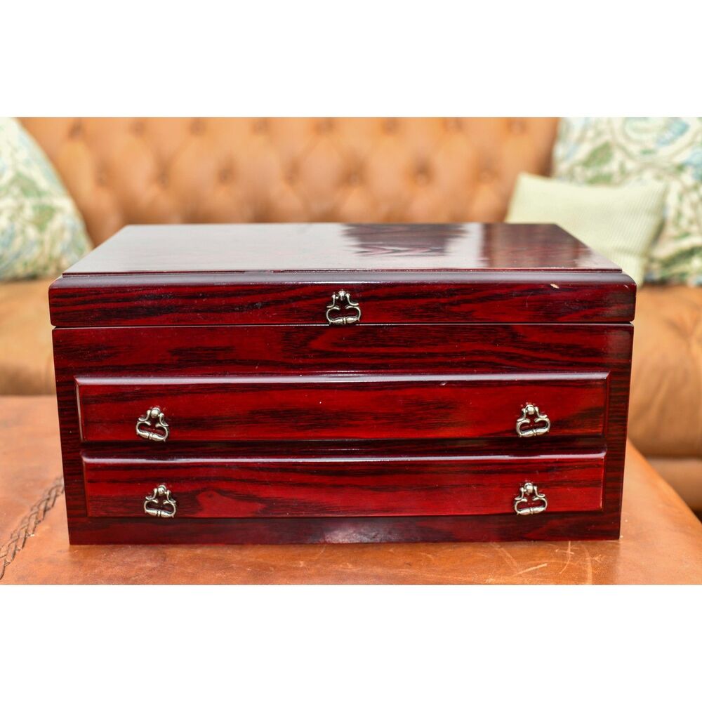 VTG Burled Mahogany Laquered Wood 3-Compartment Velvet Lined Jewelry Box